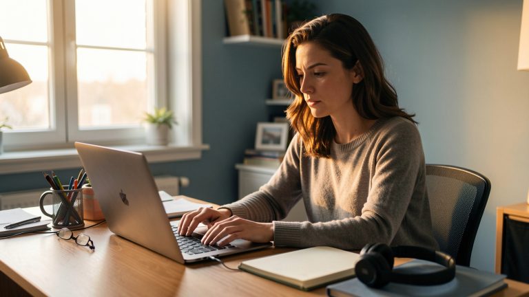 Une femme étudie les compétences numériques chez elle à son bureau, dans une ambiance calme et professionnelle.