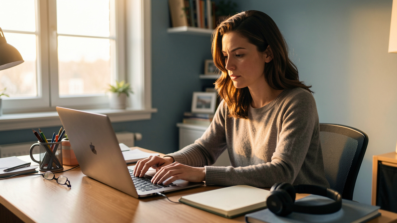 Une femme étudie les compétences numériques chez elle à son bureau, dans une ambiance calme et professionnelle.