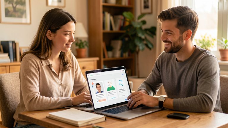 Une jeune femme compare deux professeurs de langue lors d’une séance d’apprentissage en ligne, avec une interface de paiement visuellement claire et rassurante.