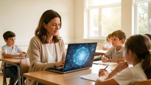 Une enseignante utilise un ordinateur affichant une interface abstraite d’intelligence artificielle devant des élèves attentifs dans une salle de classe lumineuse.