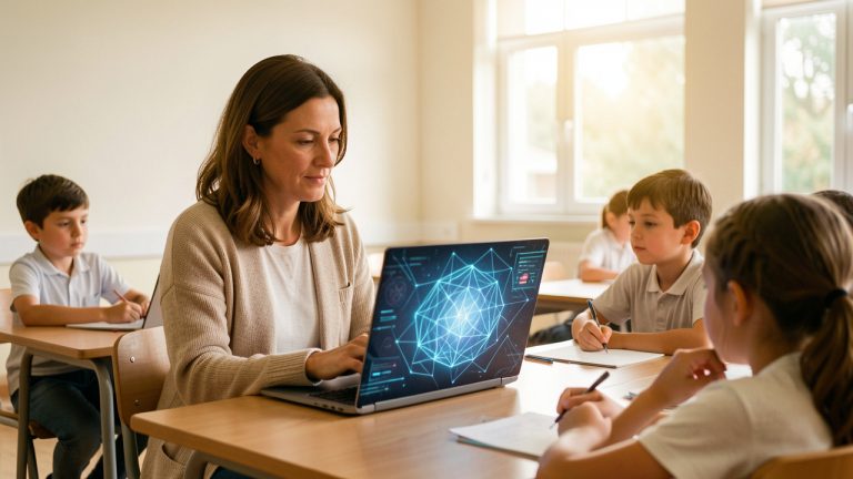 Une enseignante utilise un ordinateur affichant une interface abstraite d’intelligence artificielle devant des élèves attentifs dans une salle de classe lumineuse.