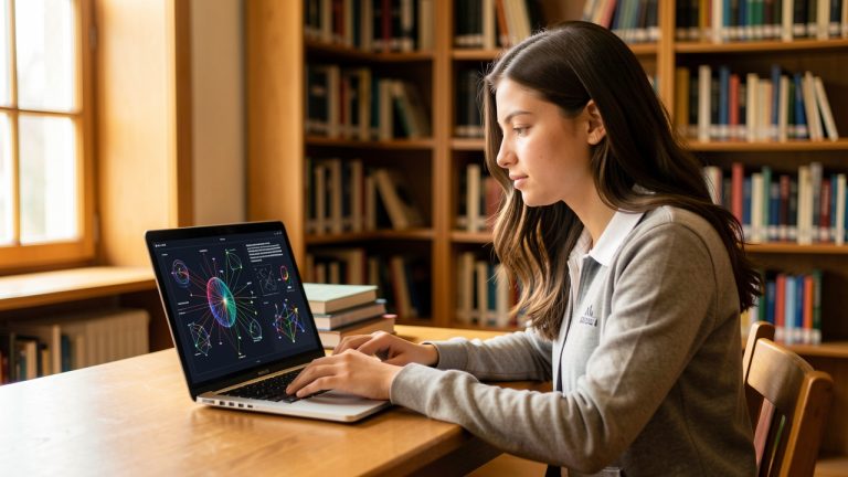 Jeune étudiante travaillant sur un ordinateur dans une bibliothèque universitaire, avec des schémas abstraits de recherche scientifique visibles à l’écran.