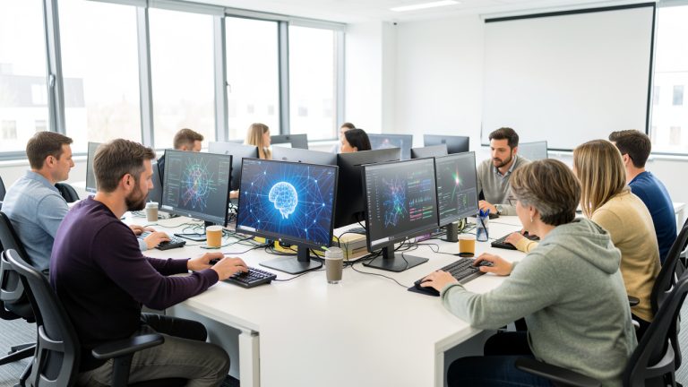Des hommes et des femmes adultes en formation collaborent devant des écrans présentant des visualisations abstraites liées à l’intelligence artificielle, aux données et à la cybersécurité dans une salle lumineuse.