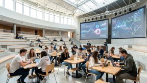 Amphithéâtre universitaire moderne et lumineux où des étudiants travaillent en petits groupes sur des ordinateurs, avec des visualisations abstraites de données et d’intelligence artificielle sur de grands écrans.