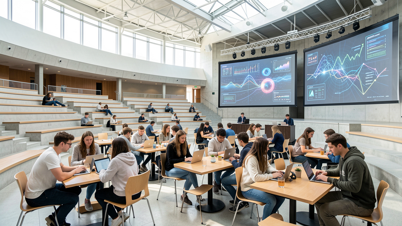 Amphithéâtre universitaire moderne et lumineux où des étudiants travaillent en petits groupes sur des ordinateurs, avec des visualisations abstraites de données et d’intelligence artificielle sur de grands écrans.