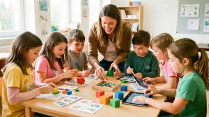 Une enseignante accompagne chaleureusement un groupe diversifié d’élèves dans une salle de classe lumineuse, avec des supports pédagogiques accessibles et colorés.