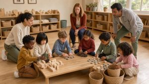 Une équipe de professionnels de la petite enfance observe des enfants jouant avec des matériaux naturels dans une salle lumineuse de crèche.