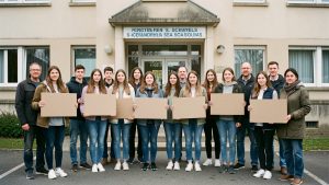 Groupe de lycéennes, de lycéens et de parents rassemblés calmement devant un établissement scolaire français avec des supports vierges.