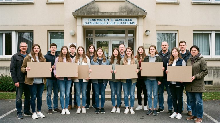 Groupe de lycéennes, de lycéens et de parents rassemblés calmement devant un établissement scolaire français avec des supports vierges.